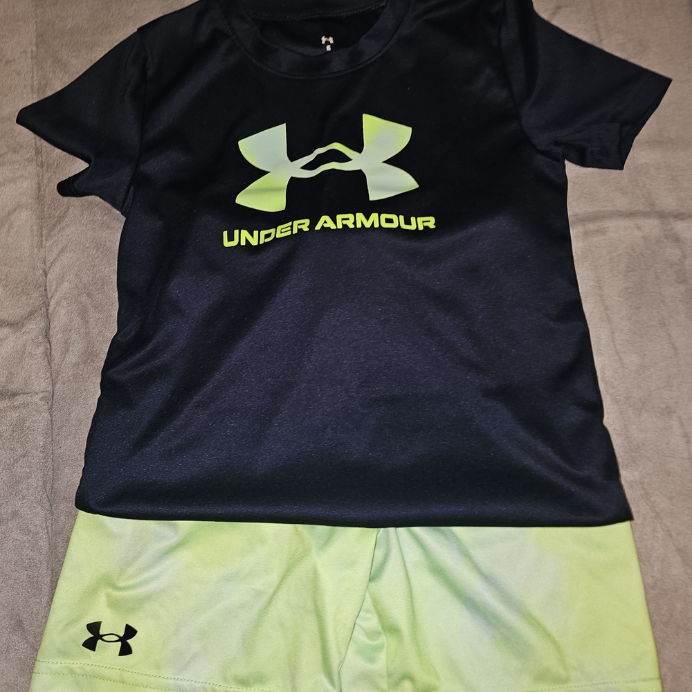 Under Armour Black Tee with Neon Green Logo and Matching Lime Shorts